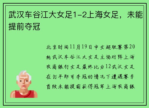 武汉车谷江大女足1-2上海女足，未能提前夺冠